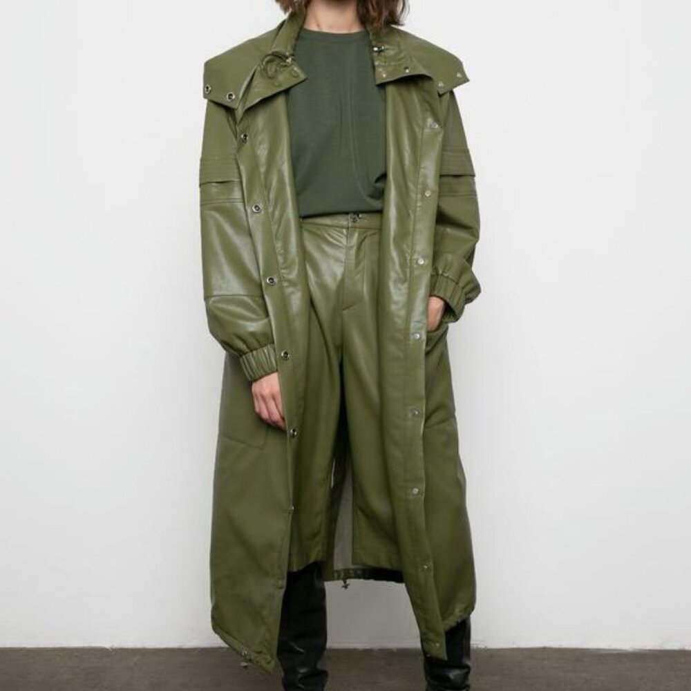 Aeron Delilah Faux Leather Long Jacket In Moss